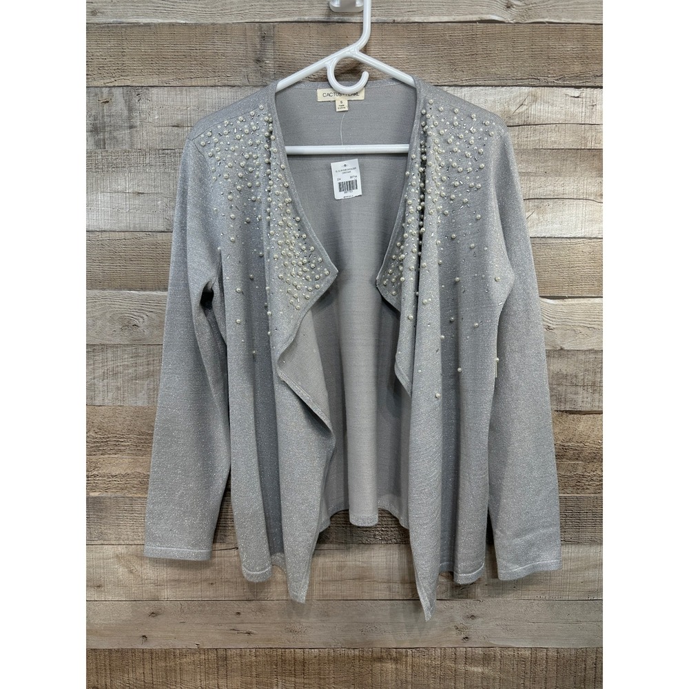 Cactus +‎ Pearl Womens Silver Metallic Pearl Rhinestone Open Cascade Cardigan S